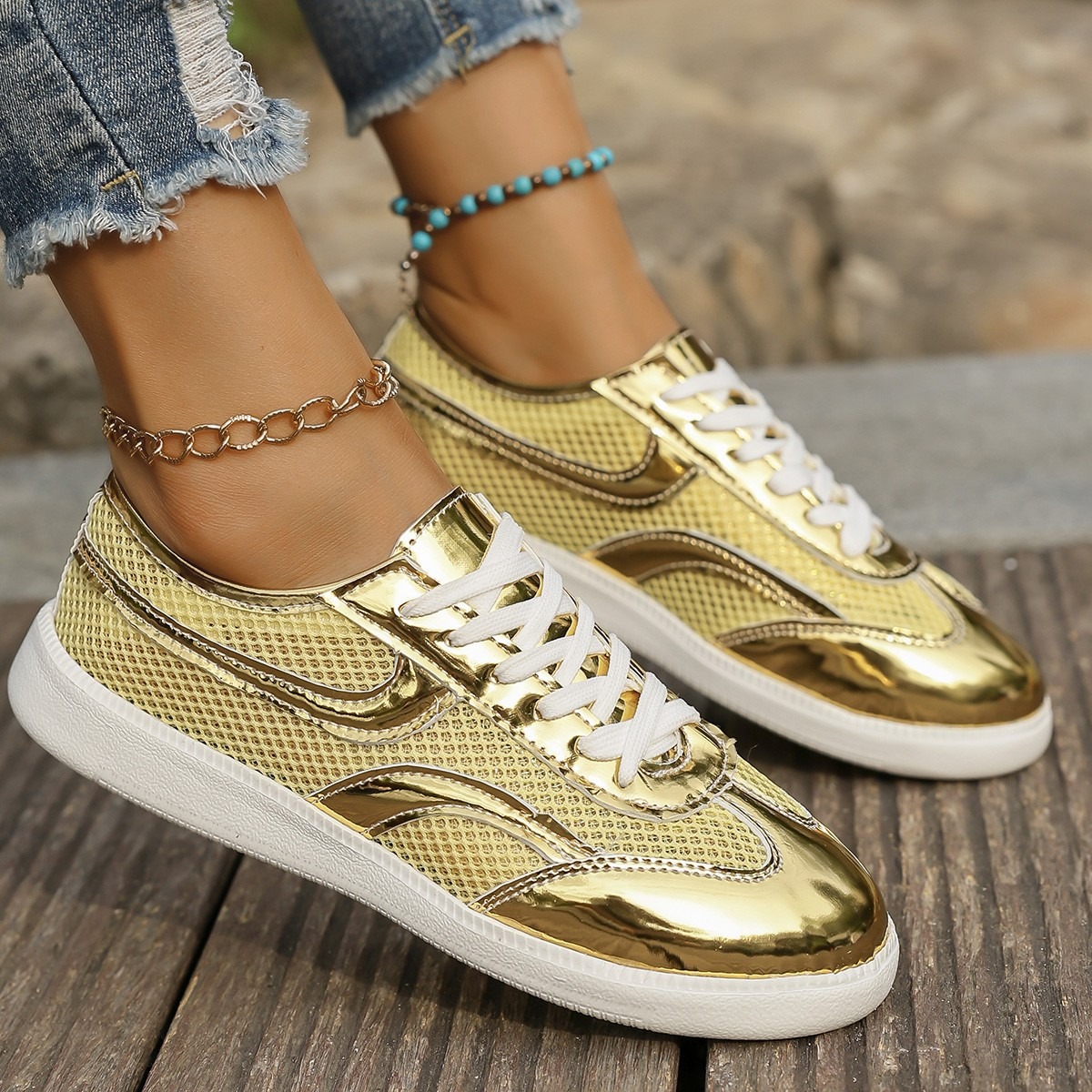 Knit Fabric Lace Up Sneakers - أحذية رياضية نسائية جديدة قابلة للتنفس