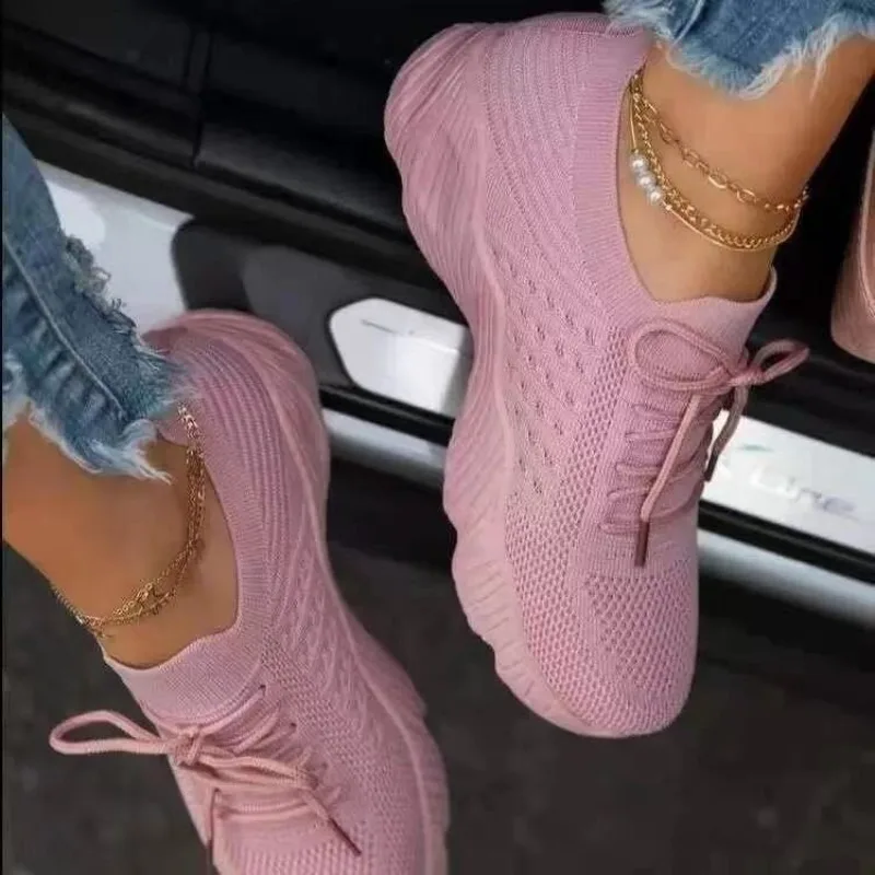 Knit Fabric Lace Up Sneakers - أحذية رياضية نسائية كاجوال محبوكة، شبكية