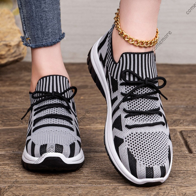 Knit Fabric Lace Up Sneakers - أحذية رياضية نسائية محبوكة سهلة الارتداء،