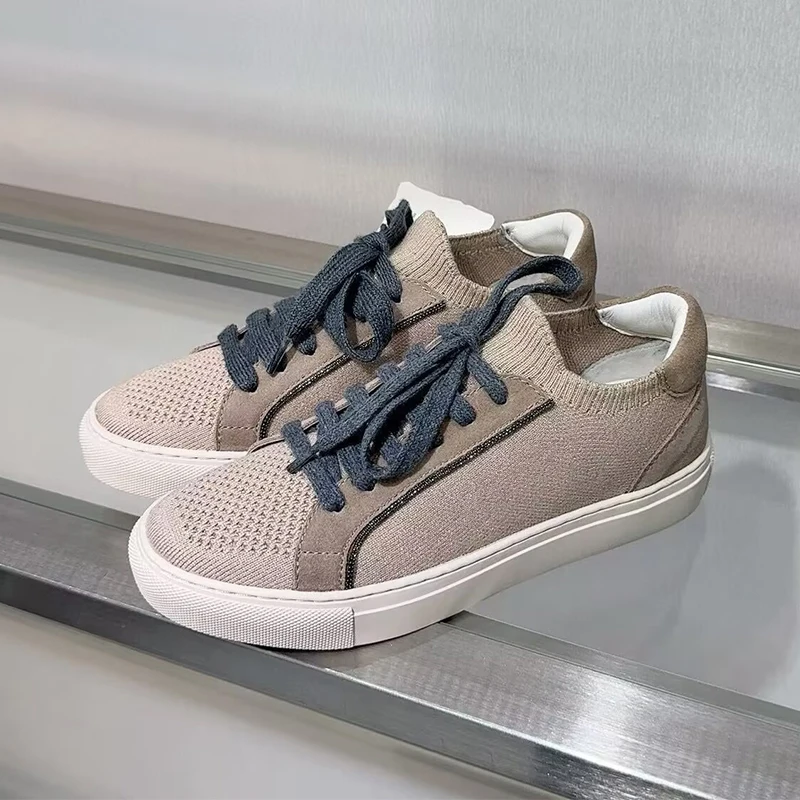 Knit Fabric Lace Up Sneakers - النساء متماسكة تنفس أحذية رياضية ربيع