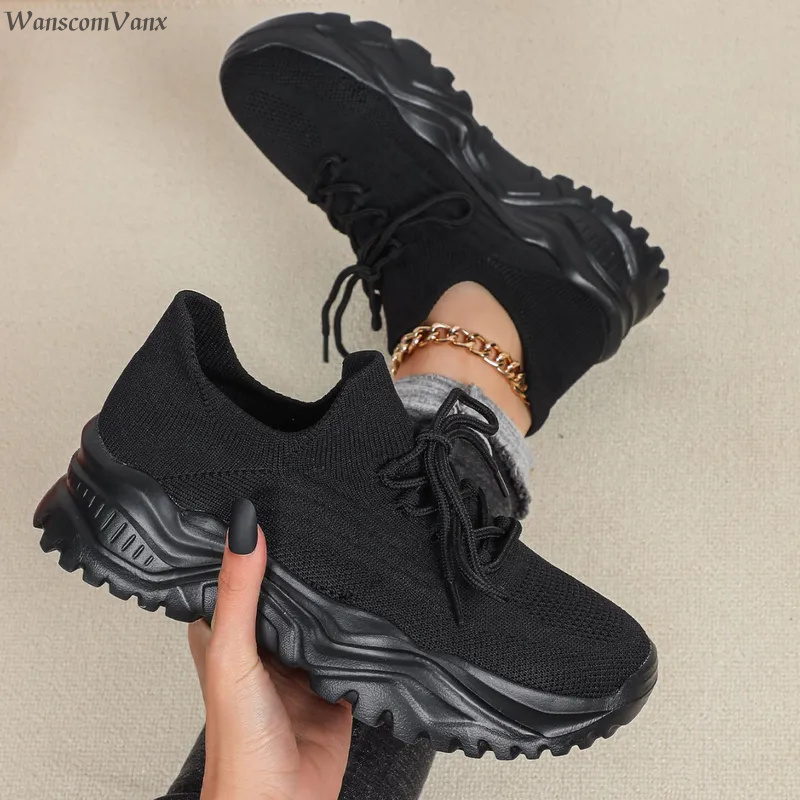 أحذية رياضية عصرية بنعل سميك ل - مراجعة Knit Fabric Lace Up Sneakers وسعره