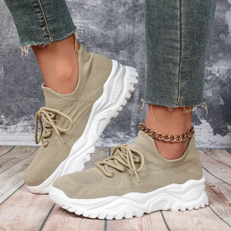 أحذية رياضية عصرية بنعل سميك ل - مراجعة Knit Fabric Lace Up Sneakers وسعره